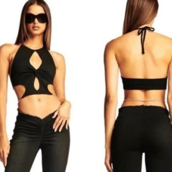 I.AM.GIA Tops - I Am Gia Black Cut Out Pearl Chain Crop Top